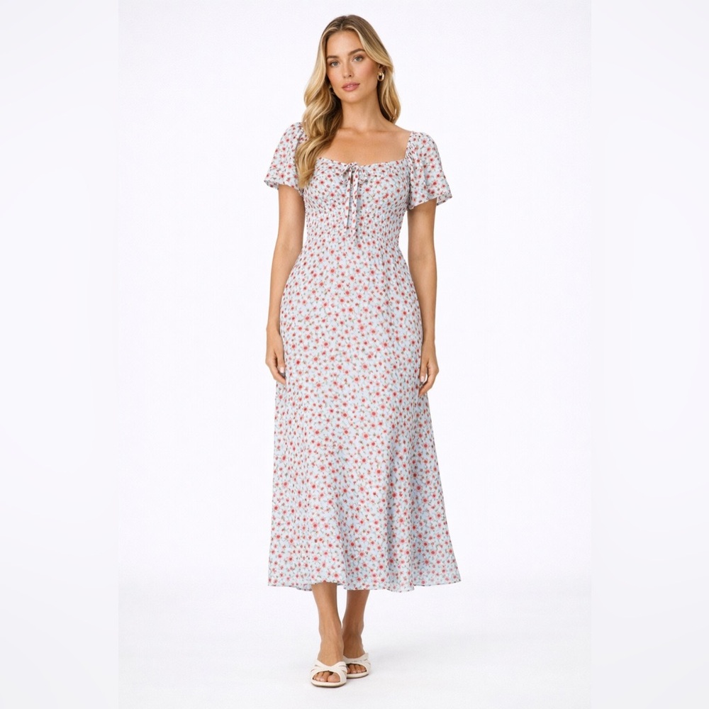 ZARA Floral Smocked Midi Dress | Blue & Red Print | Size S | Cottagecore
